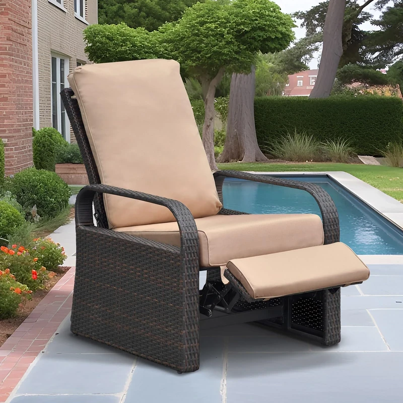 ATR ART TO REAL Aluminum Reclining Garden Chair,Adjustable 3 Position Backrest Garden Sun Loungers Rattan Recliner Armchair,15cm Thickness Cushion,Grey Wicker+Beige Cushion