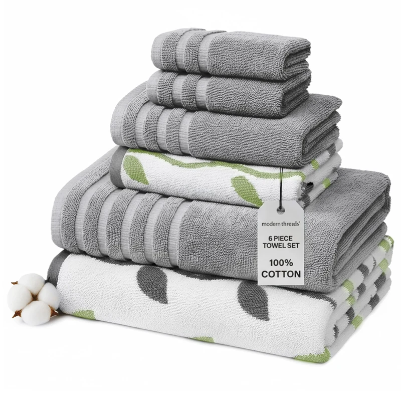 Pacific Coast Textiles 6 Pc Yarn Dyed Towel Organic Vines Ash Grey, 6-Piece