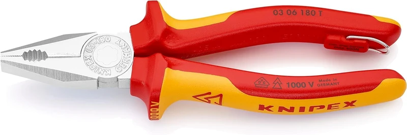 KNIPEX Combination Pliers in Blister Chrome-Plated Insulated with Multi-Component Grips, VDE-Tested with Integrated Insulated Tether, 03 06 180 T BK
