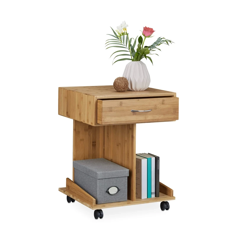 Relaxdays Rolli Bamboo Side Table with wheels, Drawer, 2 Shelves For Books, Hxwxd: ca 56.5 x 43 x 46 cm, Natural Brown, Bamboo