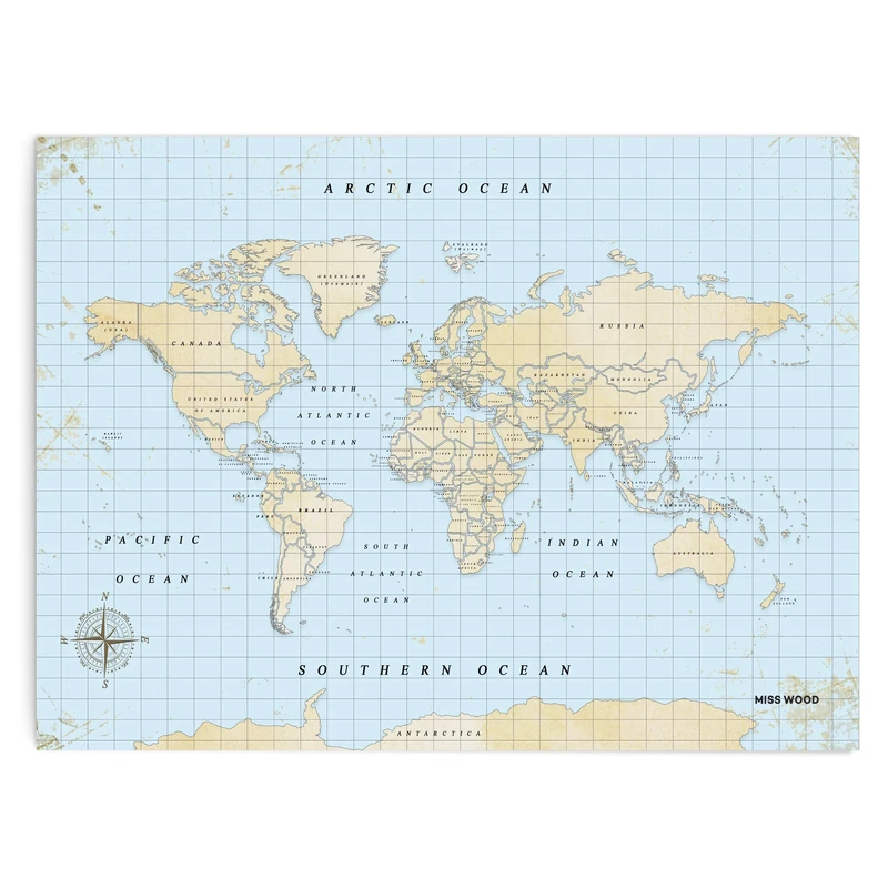 Miss Wood Vintage XL World Map, Cork, Multicolor, 90 x 60 x 0.4 cm