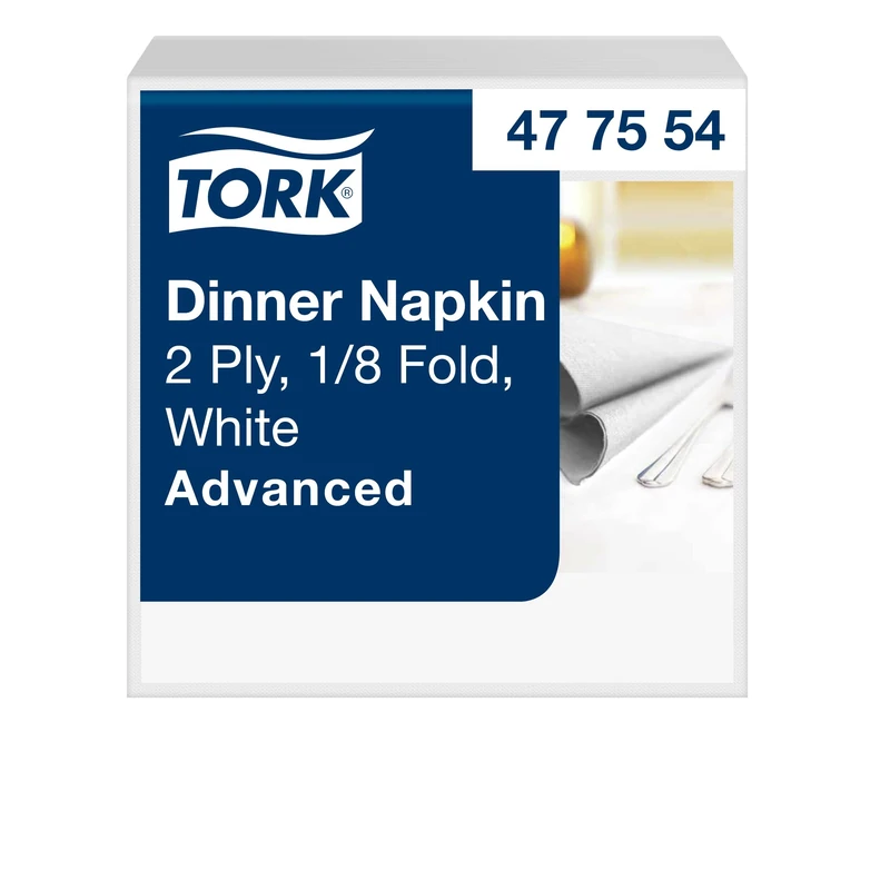 Tork White Dinner Napkin, 1/8 Fold 2-ply, 39 cm x 39 cm, 12 x 150 napkins, 477554