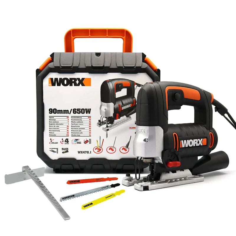 WORX Jigsaw 650 W WX478.1, 20 mm Stroke, Up to 90 mm, Multi-Material, Pendulum System, Variable Speed, Blade Change Without Tools, Miter Cuts, Comes with 3 Blades