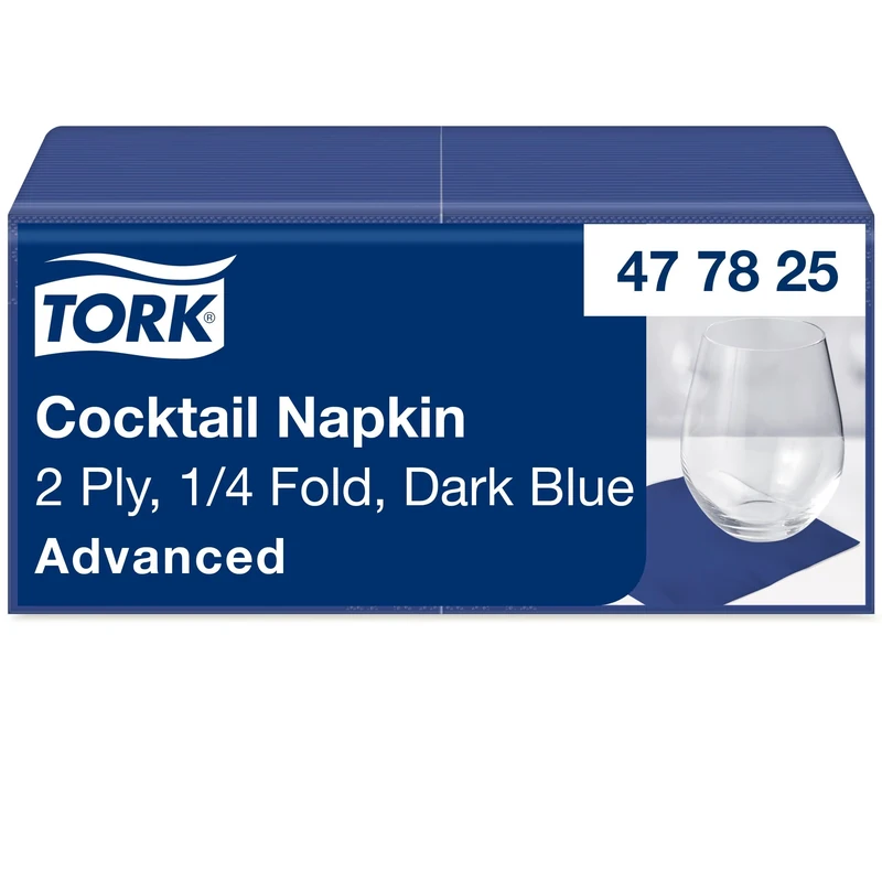 Tork 477825 Dark Blue Cocktail Napkin / 2 Ply Advanced, Unprinted Serviette in Navy Blue / 12 x 200 Sheets (WxL: 11.9cm x 12cm)