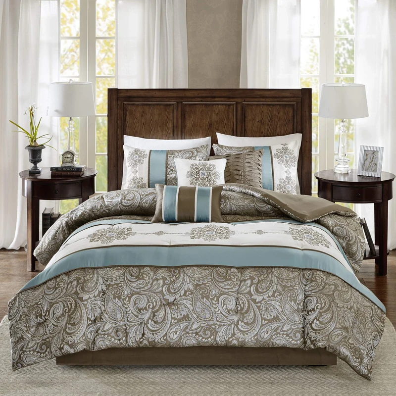 Madison Park All Season Down Alternative Bedding, Matching Shams, Bedskirt, Decorative Pillows, Polyester, Caroline, Blue/Brown, King