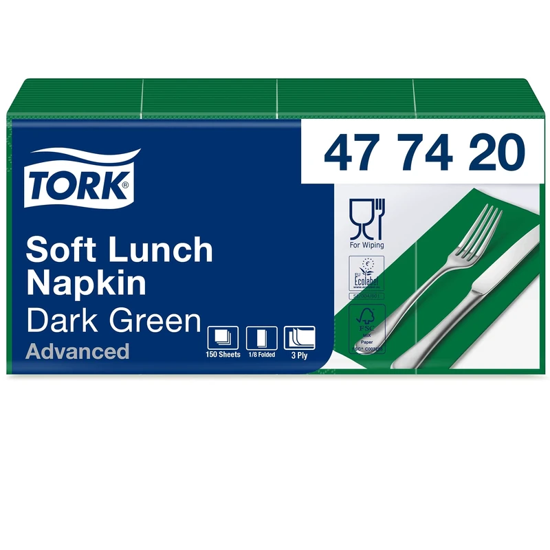 Tork 477420 Soft Dark Green Lunch Napkin 1/8 Folded / 3 Ply Advanced Unprinted Serviette in Green / 10 x 150 Sheets (WxL: 8.2cm x 16.5cm)