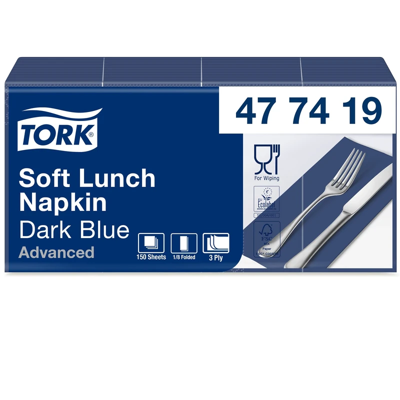 Tork 477419 Soft Dark Blue Lunch Napkin 1/8 Folded / 3 Ply Advanced Unprinted Serviette in Navy Blue / 10 x 150 Sheets (WxL: 8.2cm x 16.5cm)
