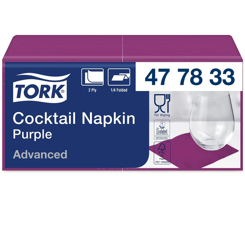 Tork 477833 Purple Cocktail Napkin / 2 Ply Advanced, Unprinted Serviette in Violet / 12 x 200 Sheets (WxL: 11.9cm x 12cm)