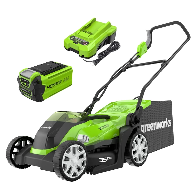 Greenworks 40V Cordless Lawnmower for Lawns up to 200m², 35cm Cutting Width, 40L Bag PLUS 40V 2Ah Battery & Charger, 3 Year Guarantee-G40LM35K2, Green, Black, Grey