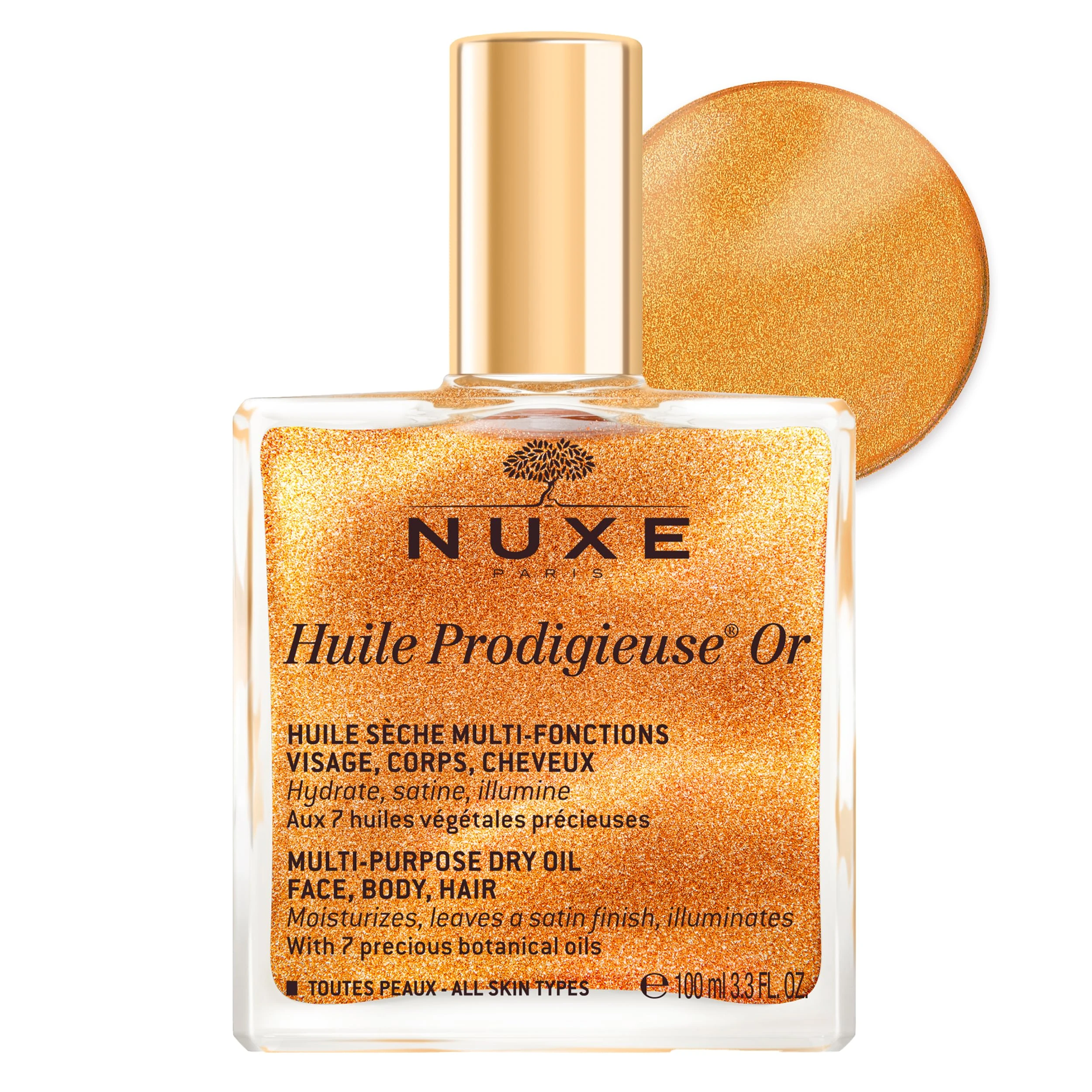 NUXE Huile Prodigieuse Shimmering Dry Oil 100ml, Illuminating Multi-Purpose Oil, With Gold-Flecked Glow for Face, Body & Hair, Softens & Enhances, Vegan Formula