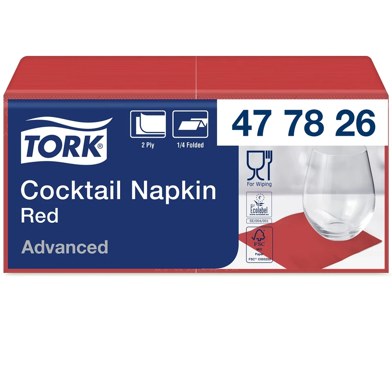 Tork 477826 Red Cocktail Napkin / 2 Ply Advanced, Unprinted Serviette in Red / 12 x 200 Sheets (WxL: 11.9cm x 12cm)