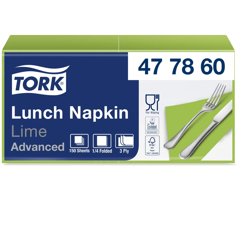 Tork 477860 Soft Lime Lunch Napkin / 3 Ply Advanced, Unprinted Serviette in Light Green / 10 x 150 Sheets (WxL: 16.3cm x 16.5cm)