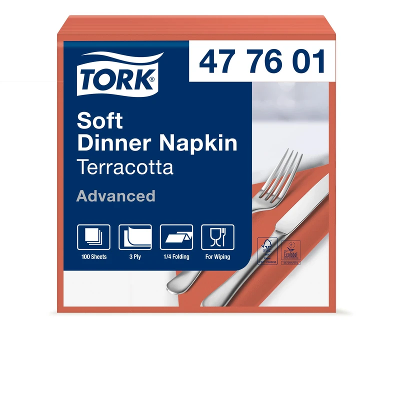Tork 477601 Soft Terracotta Dinner Napkin / 3 Ply Advanced, Unprinted Serviette in Orange Brown / 12 x 100 Sheets (WxL: 19.5cm x 19.5cm)