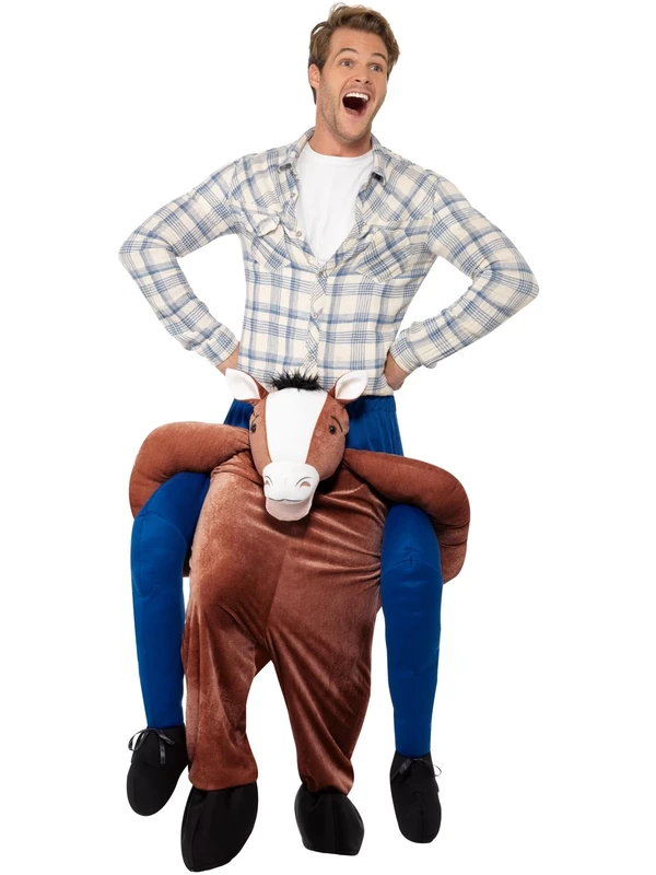 Smiffys Piggyback Horse Costume, Brown One Piece Suit with Mock Legs, Funny Fancy Dress, Animal Dress Up Costumes