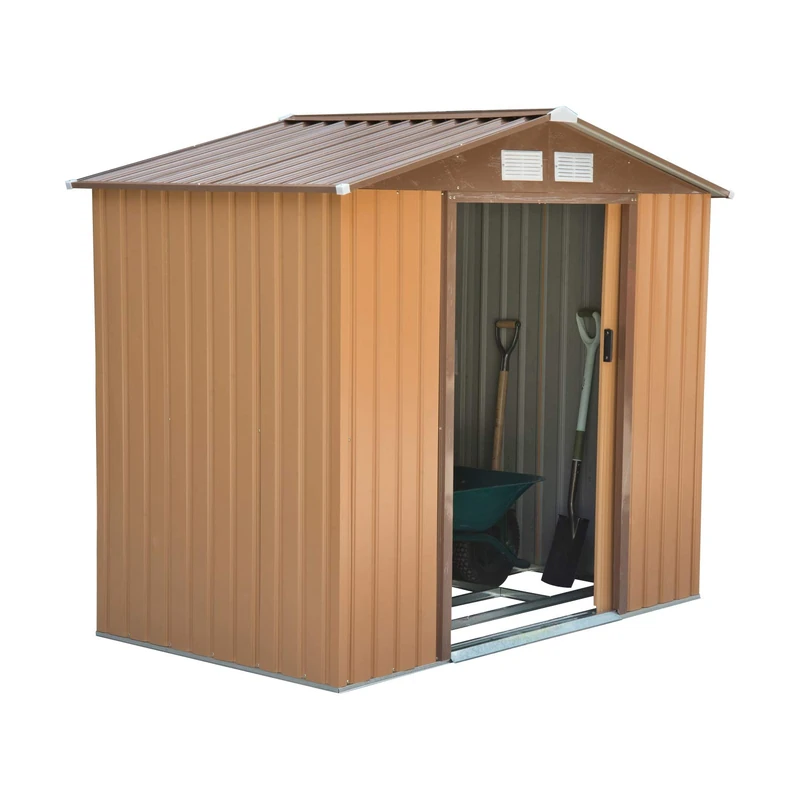 Outsunny Lockable Garden Shed Large Patio Roofed Tool Metal Storage Building Foundation Sheds Box Outdoor Furniture (6 x 4 FT, Khaki)