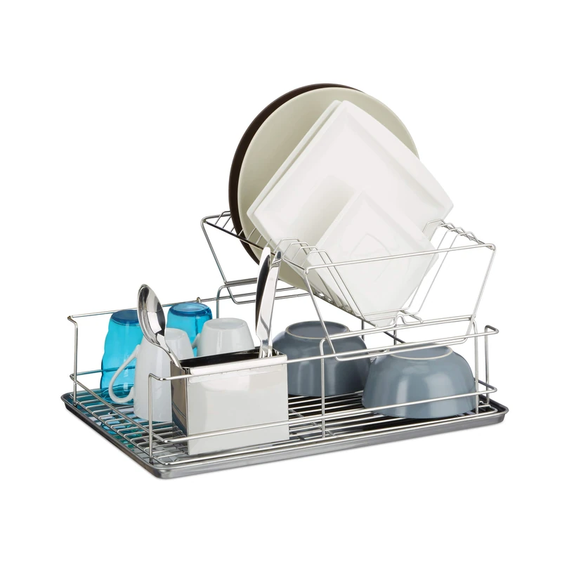 Relaxdays Dish Drainer, With Cutlery Basket, Drip Tray, Dish Rack, Stainless Steel, Robust, HxWxD: ca 23.5 x 48 x 32 cm, Silver