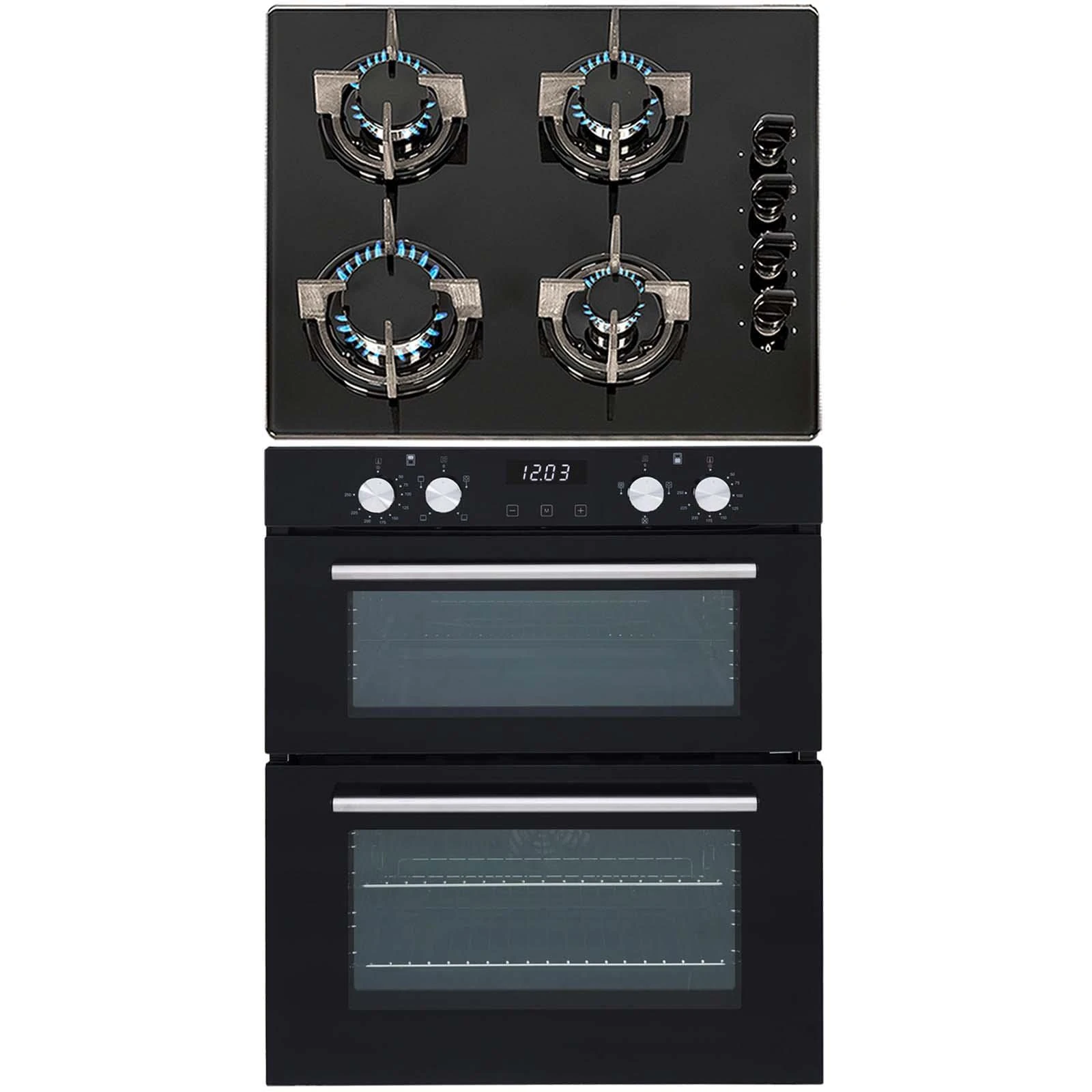 SIA 60cm Black Built Under Double Electric Fan Oven & 4 Burner Gas On Glass Hob