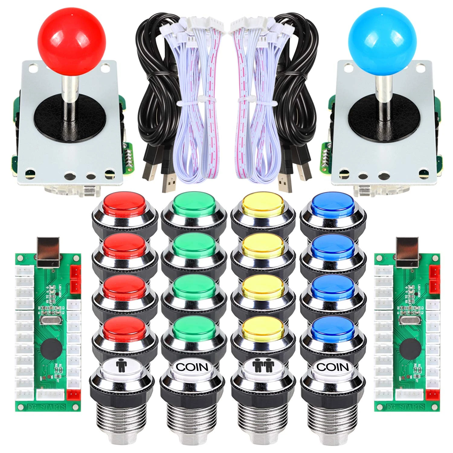 2 Player Arcade Contest DIY Kits USB Encoder To PC Joystick + 8 Ways Sticker + Chrome LED Illuminated Push Button 1 & 2 Player Coin Buttons For Arcade Mame Raspberry Pi 2 3 3B Games