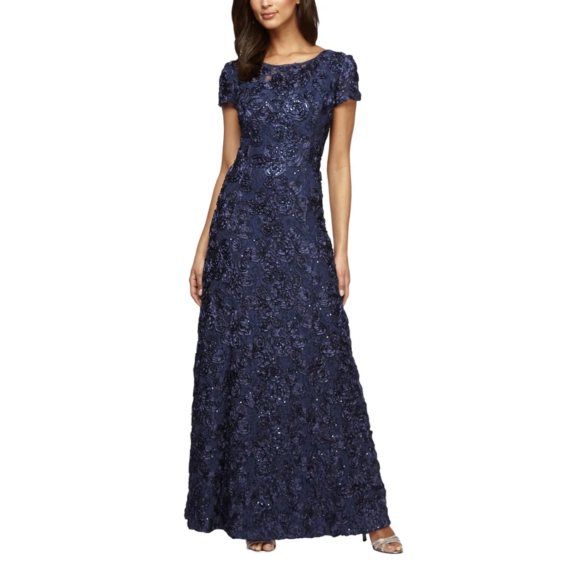 Alex Evenings Women's Long A-line Rosette Dress - - 20 Petite Navy