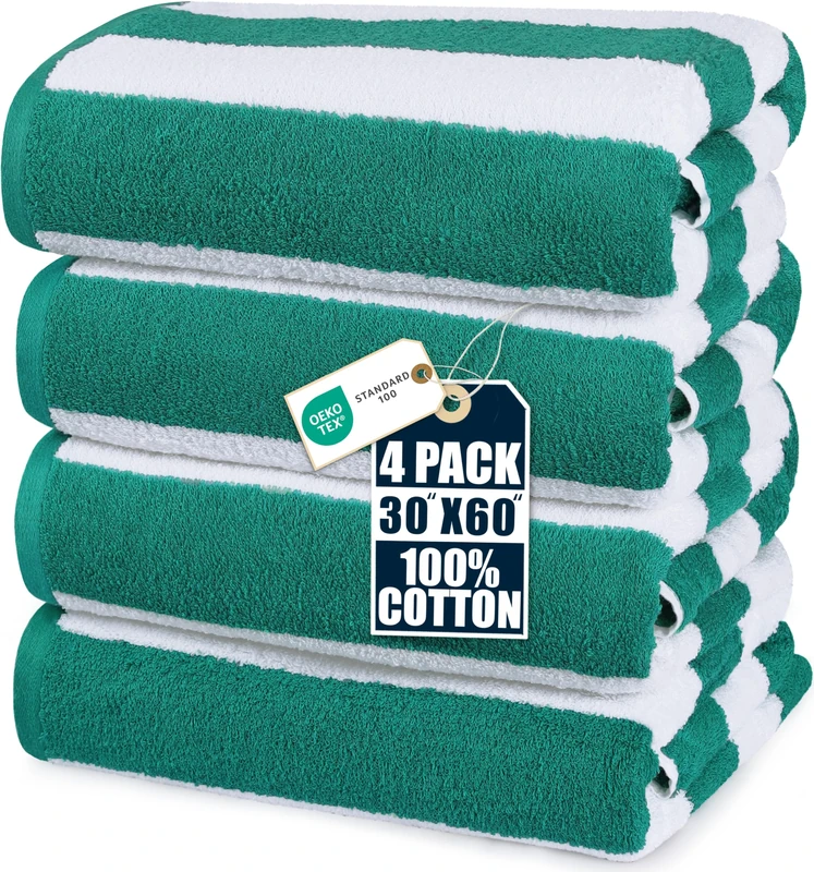Utopia Towels 4 Pack Cabana Stripe Beach Towel, 30 by 60 Inches, Oversized 100% Ring Spun Cotton Pool Towels, Highly Absorbent Quick Dry Bath Towels for Bathroom, and Swim, Green