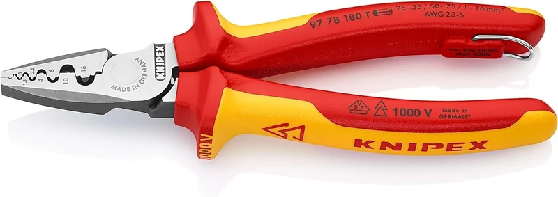 KNIPEX Crimping Pliers for Wire Ferrules in Blister Insulated with Multi-Component Grips, VDE-Tested with Integrated Insulated Tether, 97 78 180 T BK