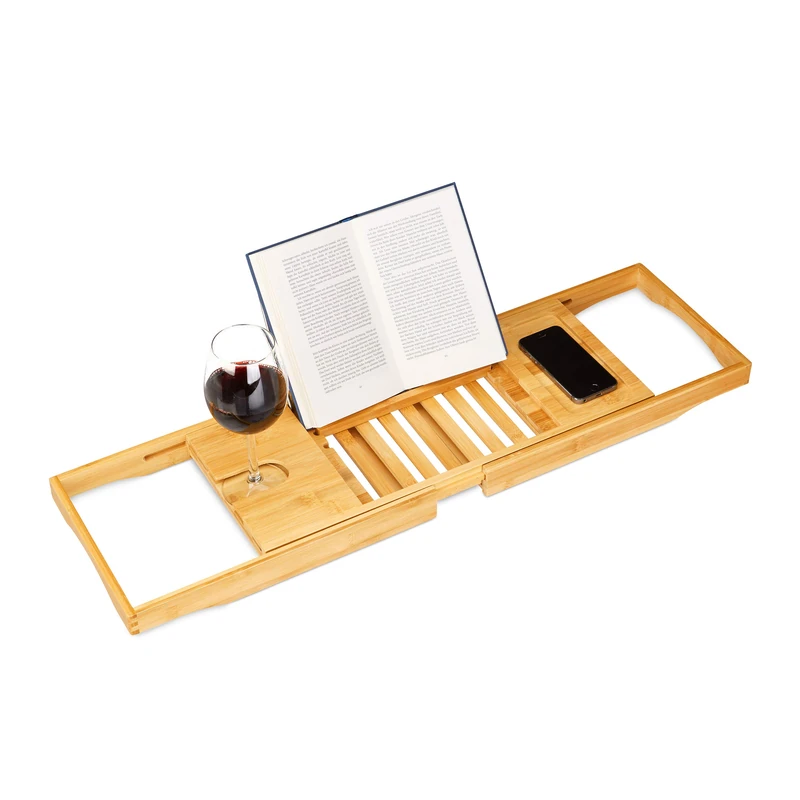 Relaxdays Bamboo Bathtub Tray with Book Support, HxWxD 17.5 x 70 x 22 cm, Wine Glass Holder, Bath Caddy, Shelf, Natural Brown - Image 1