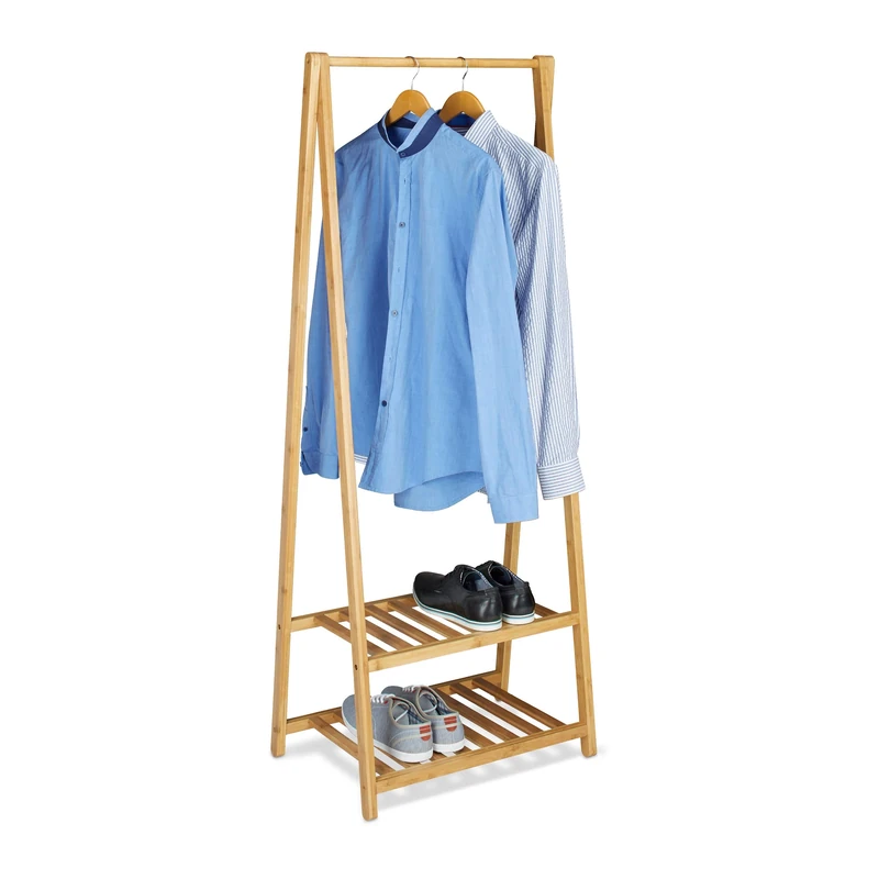 Relaxdays Bamboo Clothes Stand, 2 Shelves, Garment Rails, Hxwxd: 150 x 60 x 40 cm, Portable Wardrobe, Small, Natural Brown, Bamboo