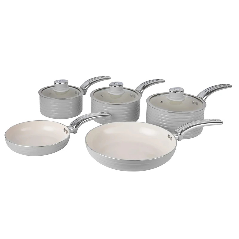Swan SWPS5020GRN Retro 5 Piece Aluminium Pan Set with Glass Lid, Non-Stick Ceramic Coating, Grey