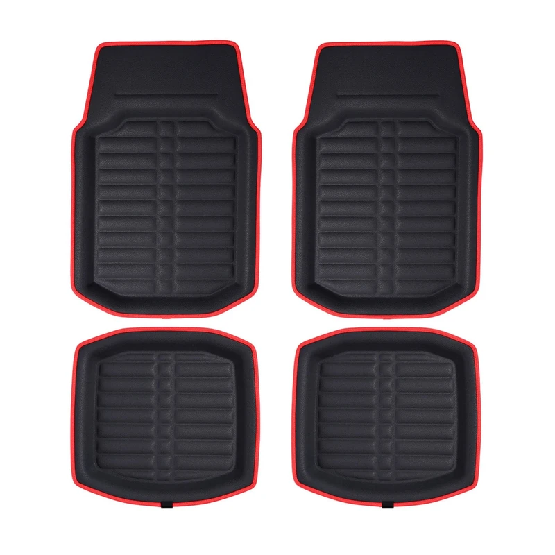 FH Group Automotive Floor Mats - PU Leather Floor Mats, Deep Dish Design, Floor Mats for Cars, Universal Fit Floor Mats Full Set, Floor Mats For Most Sedan, SUV, Truck Floor Mats Red Black