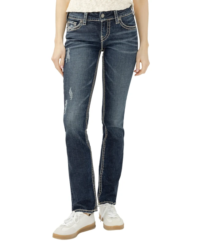 Silver Jeans Co. Women's Suki Mid Rise Curvy Fit Straight Leg Jeans, Vintage Dark Wash with Lurex Stitch, 34W x 34L