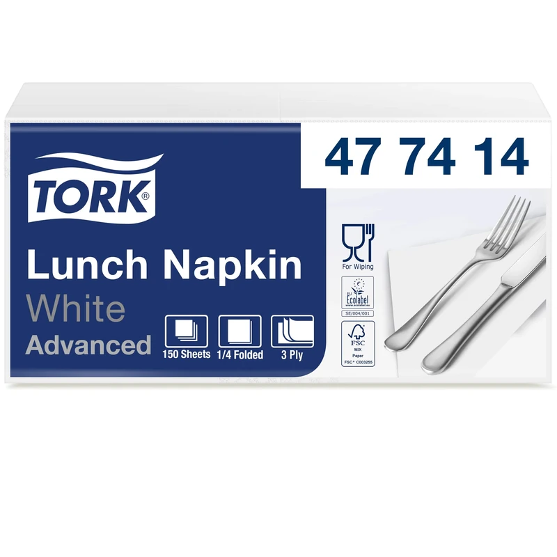 Tork 477414 Soft White Lunch Napkin / 3 Ply Advanced, Unprinted Serviette in White / 10 x 150 Sheets (WxL: 16.3cm x 16.5cm)