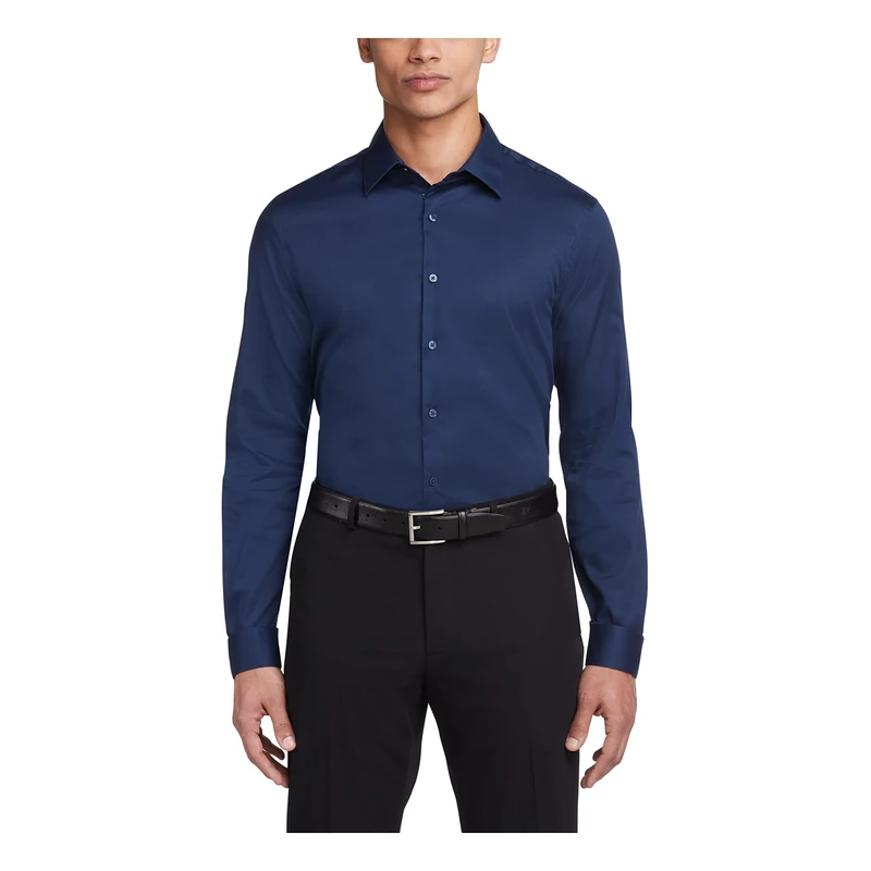 Van Heusen Men's Dress Shirt Slim Fit Flex Collar Stretch Solid, Night Blue, 17" Neck 34"-35" Sleeve