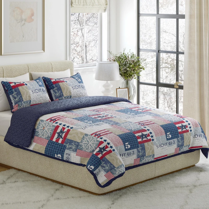 Lavish Home 3-Piece Quilt Set – Nautical Americana Patchwork Print All-Season Soft Microfiber Bedspread with Shams-Bedding by LHC (King), Polyester, Multicolor