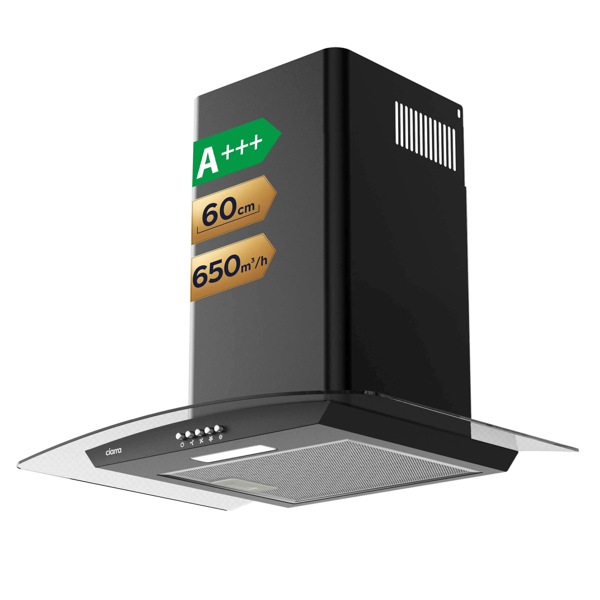 CIARRA CBCB6506B Cooker Hood 60cm 650 m³/h Curved Glass Chimney Hood Black with 3 Speed Recirculating Ducting Kitchen Ventilation Extractor Fan with Carbon Filter