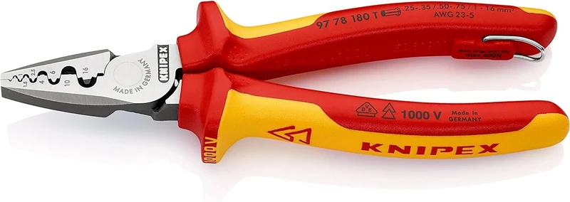 KNIPEX Crimping Pliers for Wire Ferrules Insulated with Multi-Component Grips, VDE-Tested with Integrated Insulated Tether Attachment, 97 78 180 T