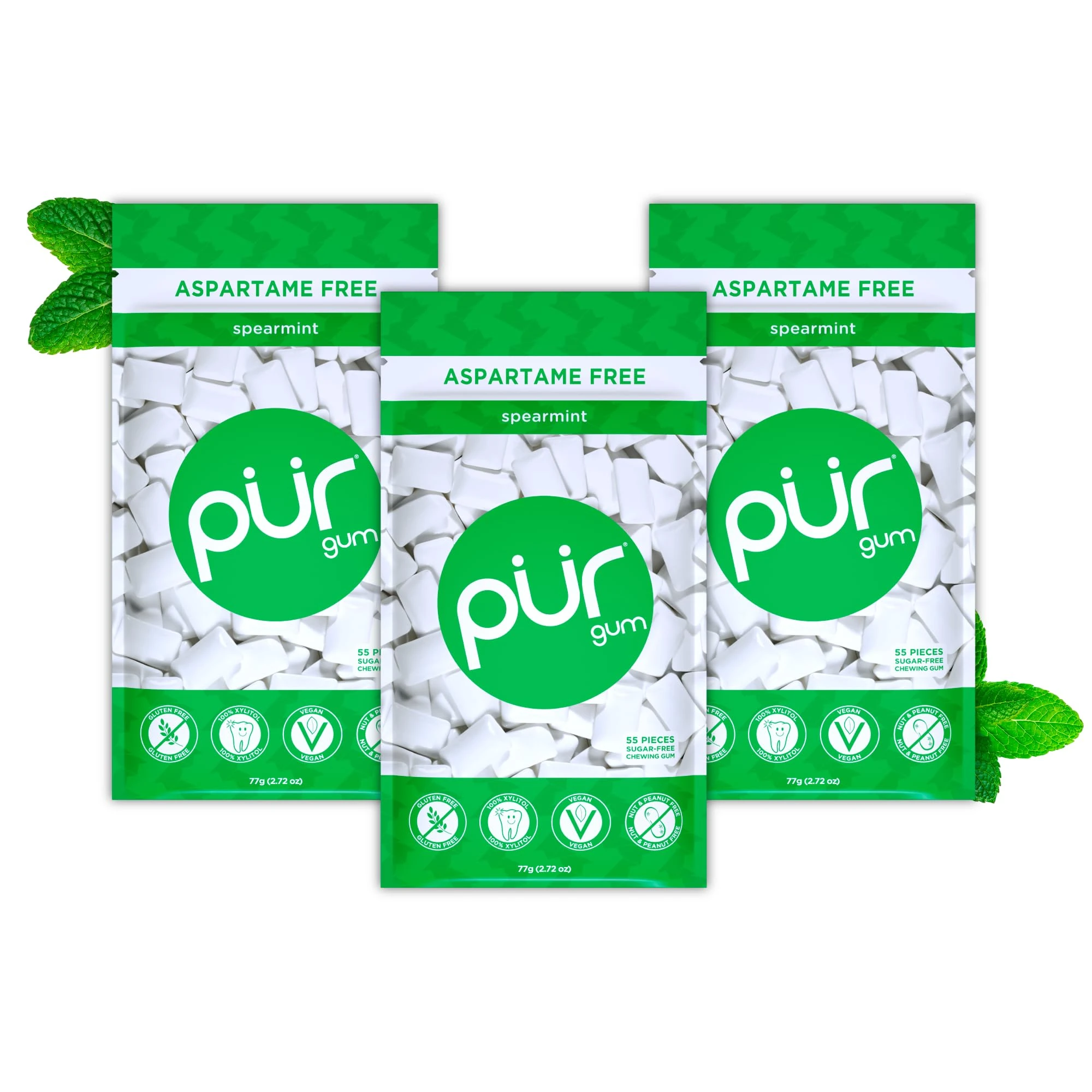 PUR Gum | Sugar Free Chewing Gum | Made with Xylitol | Vegan, Aspartame Free, Gluten Free & Keto Friendly | Natural Spearmint Flavoured Gum, 55 Pieces (Pack of 3)