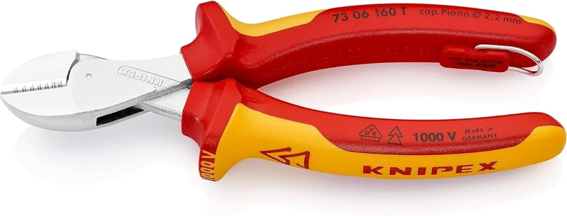 KNIPEX X-Cut Compact Diagonal Cutter Chrome-Plated Insulated with Multi-Component Grips, VDE-Tested with Integrated Insulated Tether, 73 06 160 T