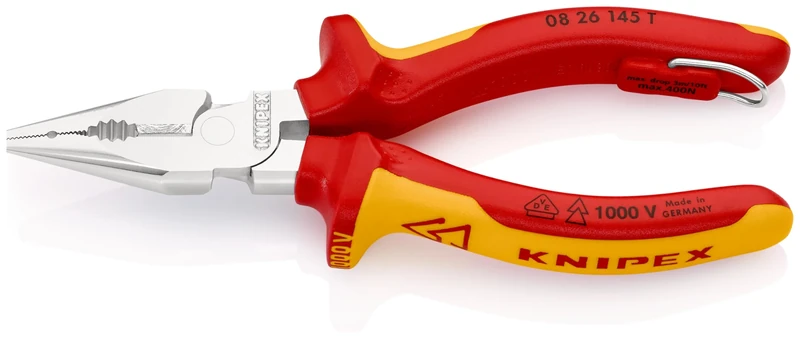 KNIPEX Needle-Nose Combination Pliers in Blister Chrome-Plated Insulated with Multi-Component Grips, VDE-Tested with Integrated, 08 26 145 T BK