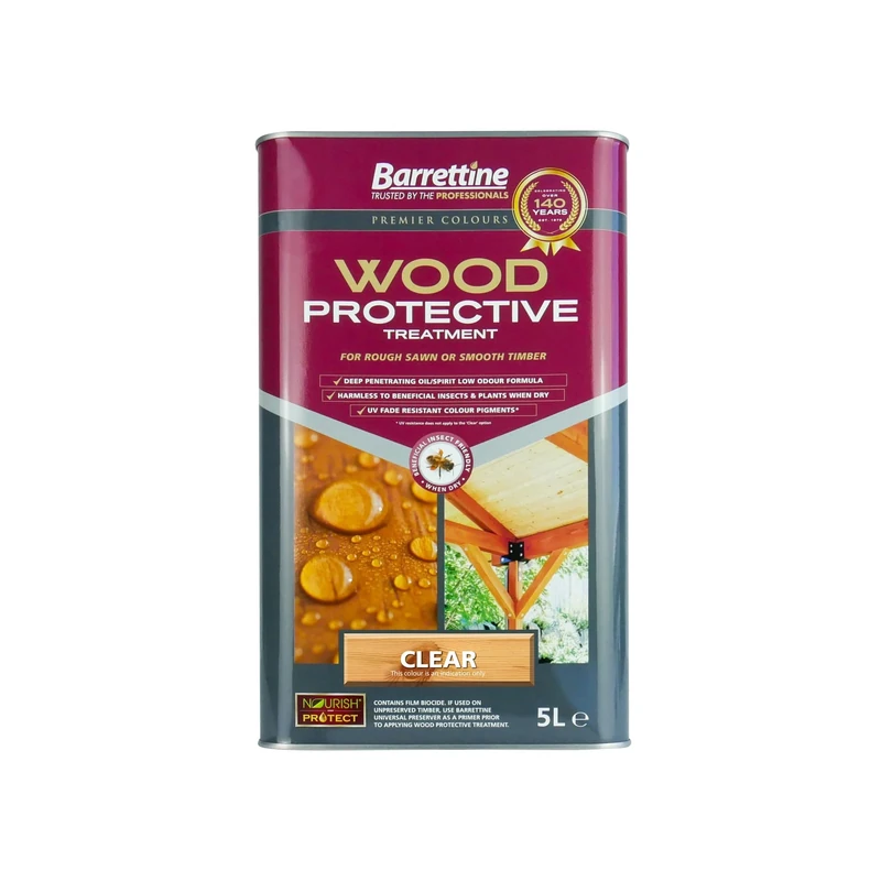 Barrettine Wood Protective Treatment (Clear, 5L) - Ideal Treatment for Outdoor Treated Timber Structures. Wood Protector Oil with Water Repellent Qualities. UV & Fade Resistant.