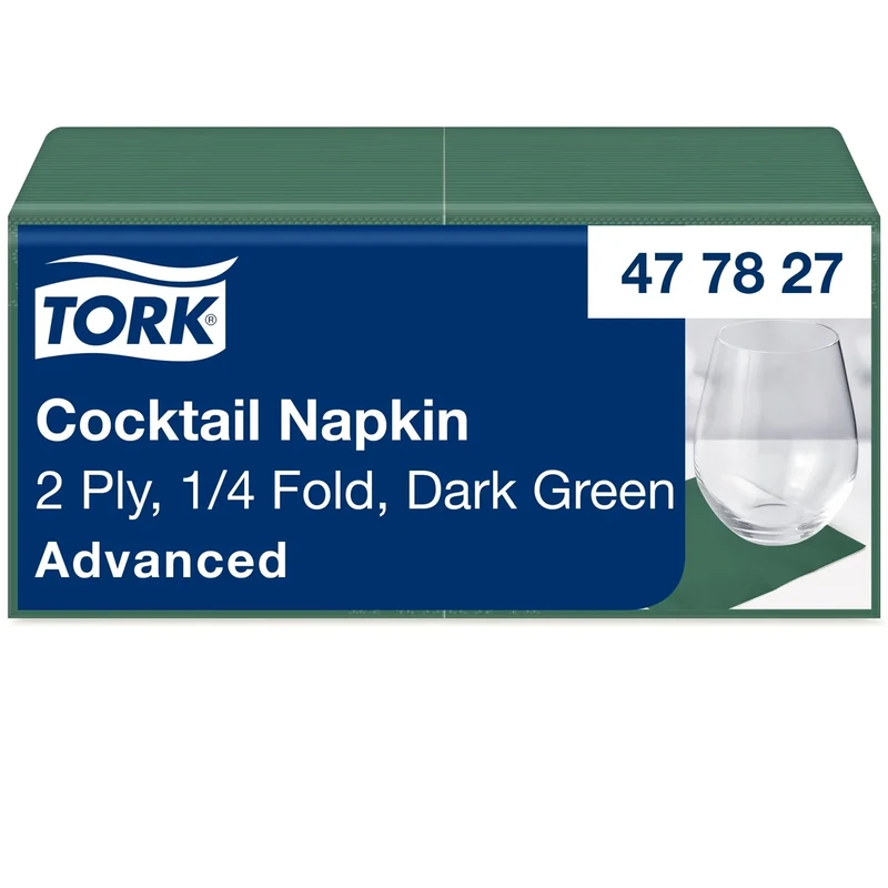 Tork 477827 Dark Green Cocktail Napkin / 2 Ply Advanced, Unprinted Serviette in Green / 12 x 200 Sheets (WxL: 11.9cm x 12cm)