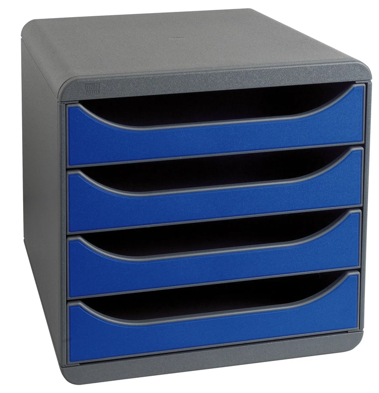 Exacompta - Ref 310703D - BIG-BOX Desktop Drawer Set - 4 x 55mm Drawers, Suitable for A4+ Documents, 347 x 278 x 267mm, 100% Recycled Plastic - Black/Royal Blue