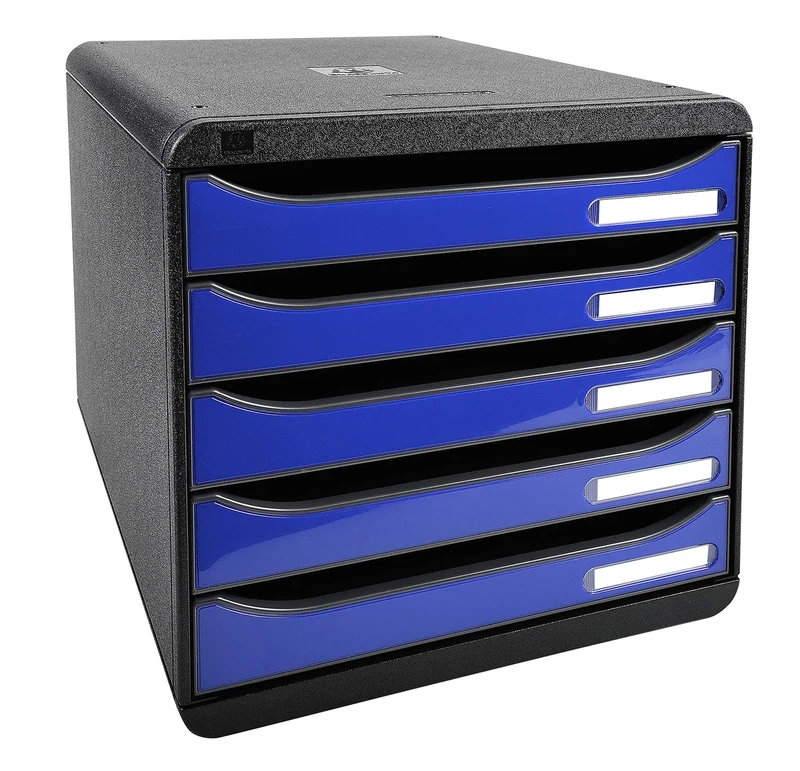 Exacompta - Ref 3097203D - BIG-BOX PLUS Desktop Drawer Set - 5 x 43mm Drawers, Suitable for A4+ Documents, 347 x 278 x 271mm, 100% Recycled Plastic - Black/Glossy Ocean Blue
