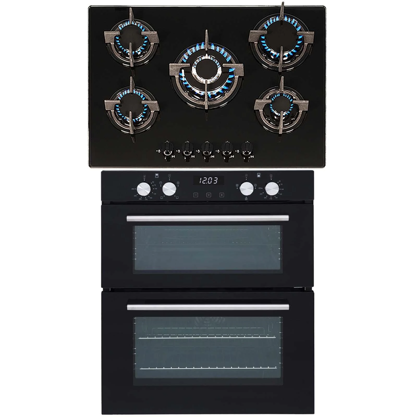 SIA Built Under Double Electric Fan Oven & 70cm Black 5 Burner Gas On Glass Hob