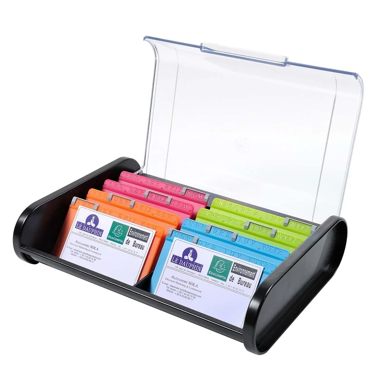 Exacompta - Ref 68198D - Office Business Card Cassette - 180 x 245 x 60mm in Size, 8 Tabbed Dividers, Holds Up To 400 Cards, Ribbed Bottom - Black/Harlequin