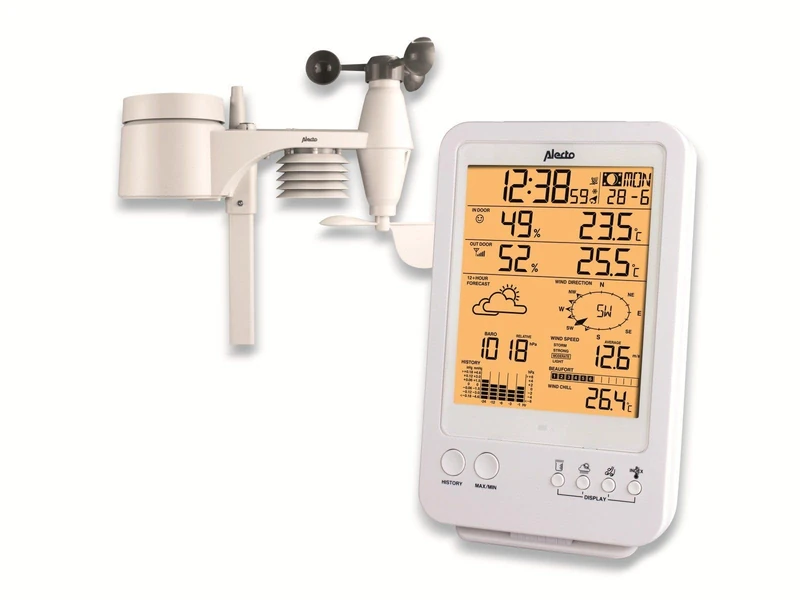 Alecto WS-4800 Wireless Weather Station with Outdoor Sensor, Wireless Weather Station, 5-in-1, Large Display, Stores Readings, Radio-Controlled Clock, Date Display, Moon Phases, White
