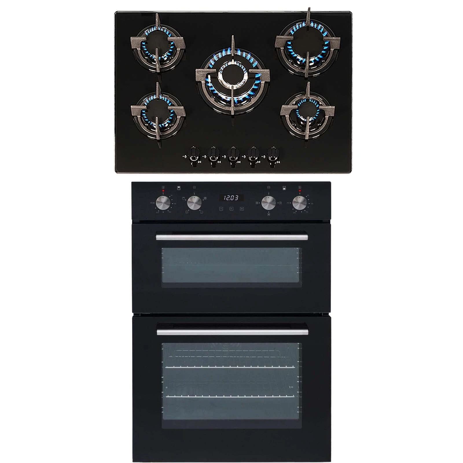 SIA 60cm Built In Double Electric Oven & Black 70cm 5 Burner Gas On Glass Hob