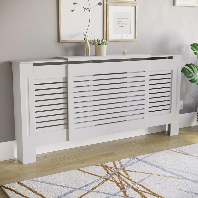 Vida Designs Milton Radiator Cover White - Adjustable - Modern Horizontal Slat Design For Optimal Heat Circulation - H82xW140-204xD19cm - Painted MDF Cabinet Ideal For Living Room & Hallway