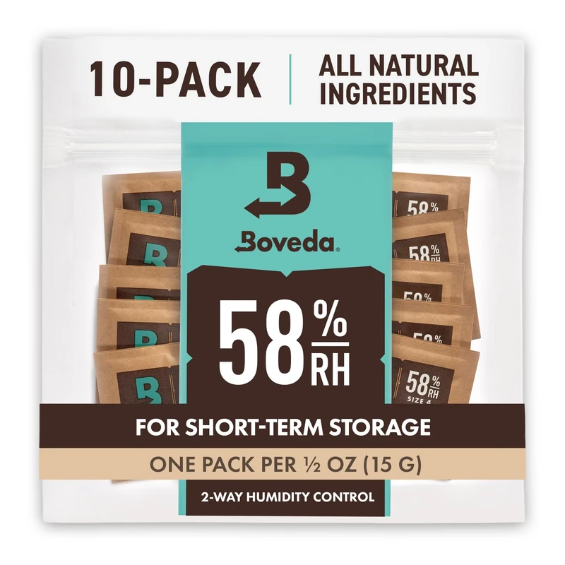 Boveda 58% Two-Way Humidity Control Packs for Storing ½ oz – Size 4 – 10 Pack – Moisture Absorbers for Small Storage Containers – Humidifier Packs – Hydration Packets in Resealable Bag