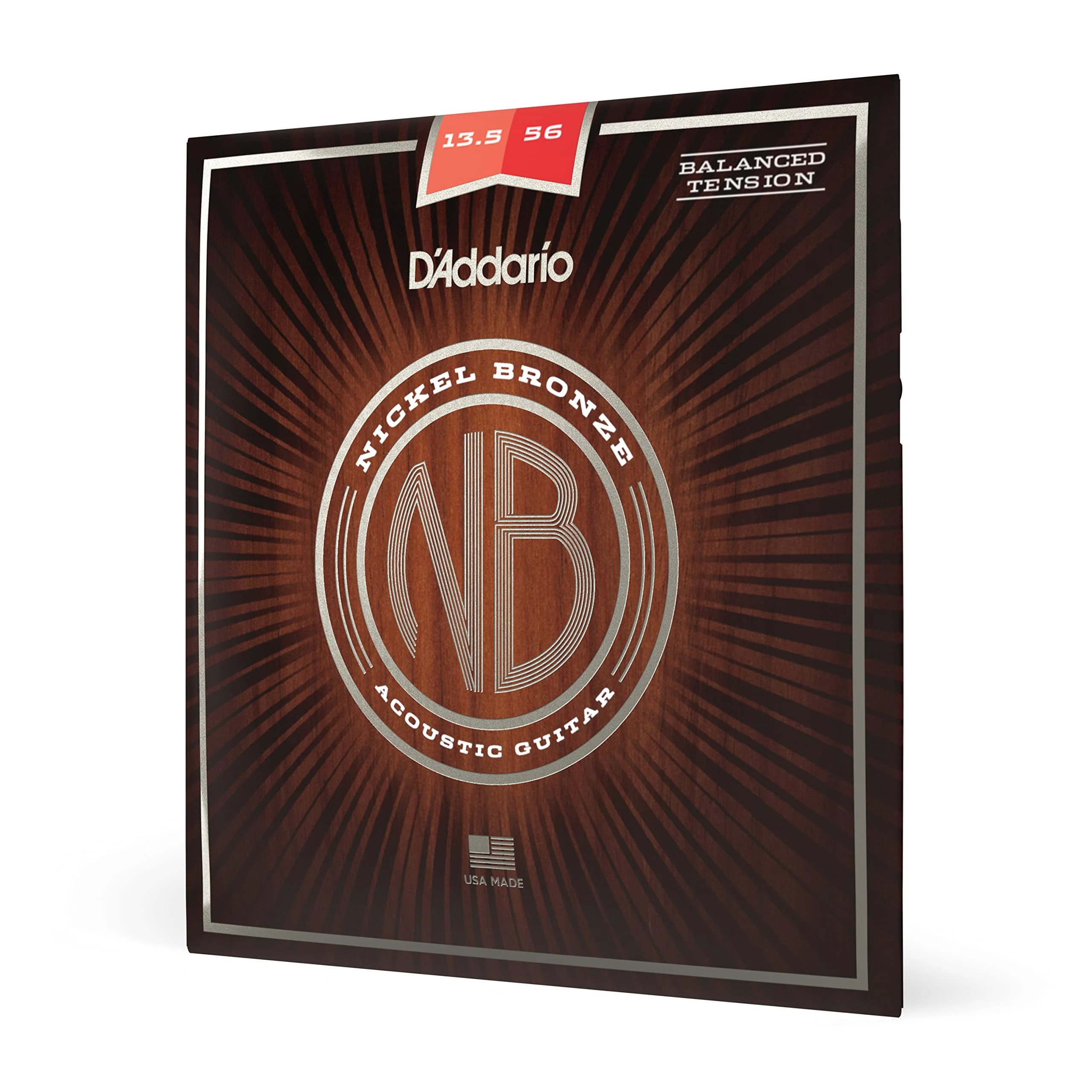 D'Addario Acoustic Guitar Strings, Nickel Bronze, NB13556BT, Medium Gauge 13.5-56, Balanced Tension, 6-String Set, Pack of 1