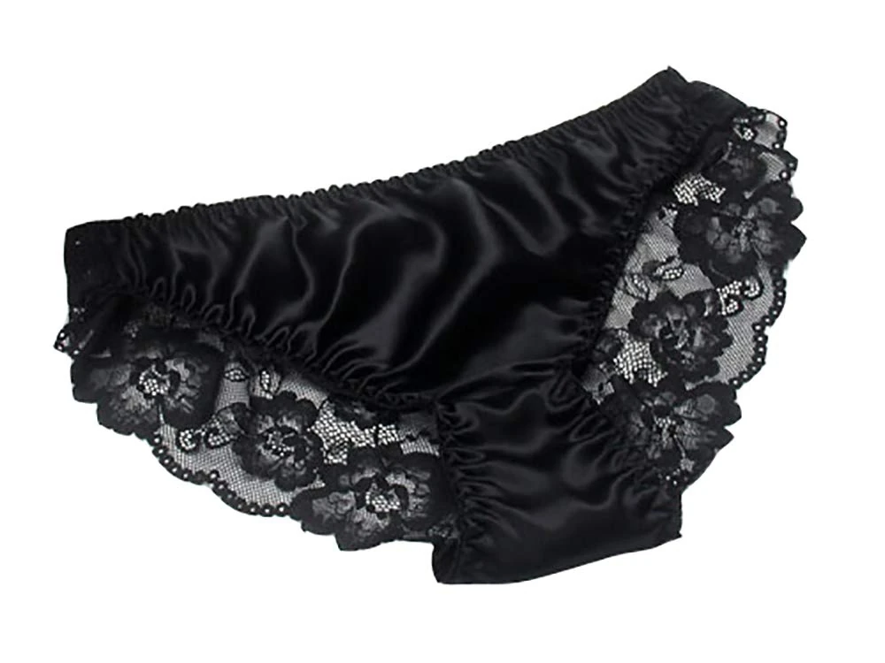 LSHARON Women's Sexy Mulberry Silk Briefs Lingerie Lace Thong Underwear Panties (L(Tag XL), Black)